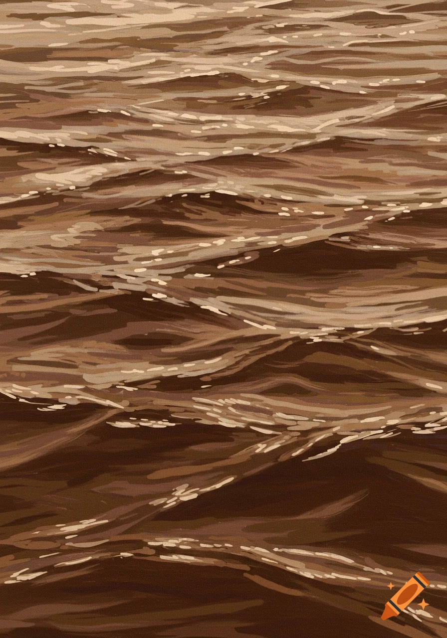 Close-up view of brown, choppy water with light reflecting on the surface.