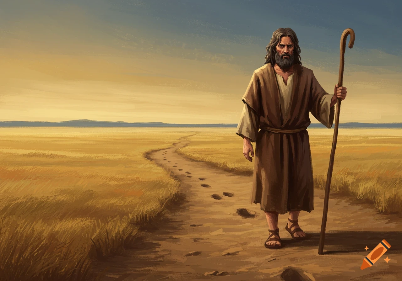 A man walking a path through a field with a staff.