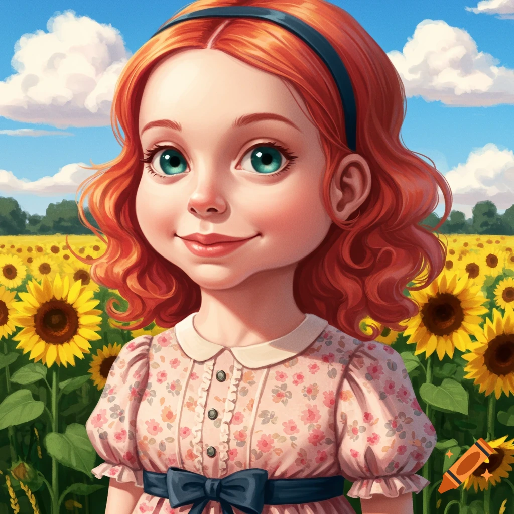 A girl with red hair and a blue headband in a field of sunflowers.