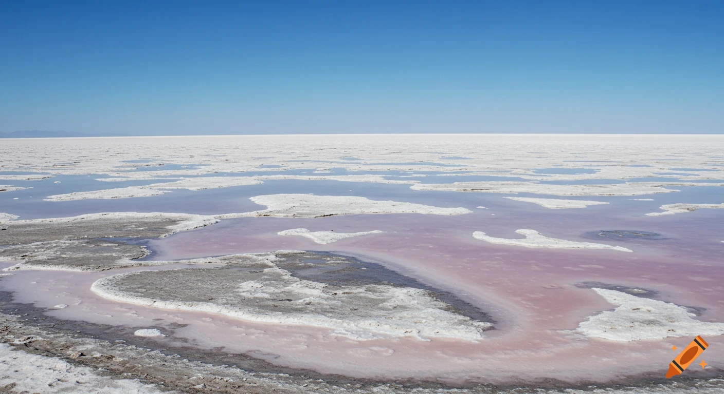 Photo realistic view of a vast salt flat with patches of pink and blue water under a clear sky.