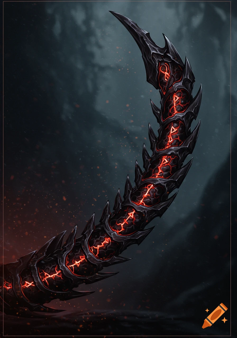 A black spiky demonic tail with glowing red cracks and runes.