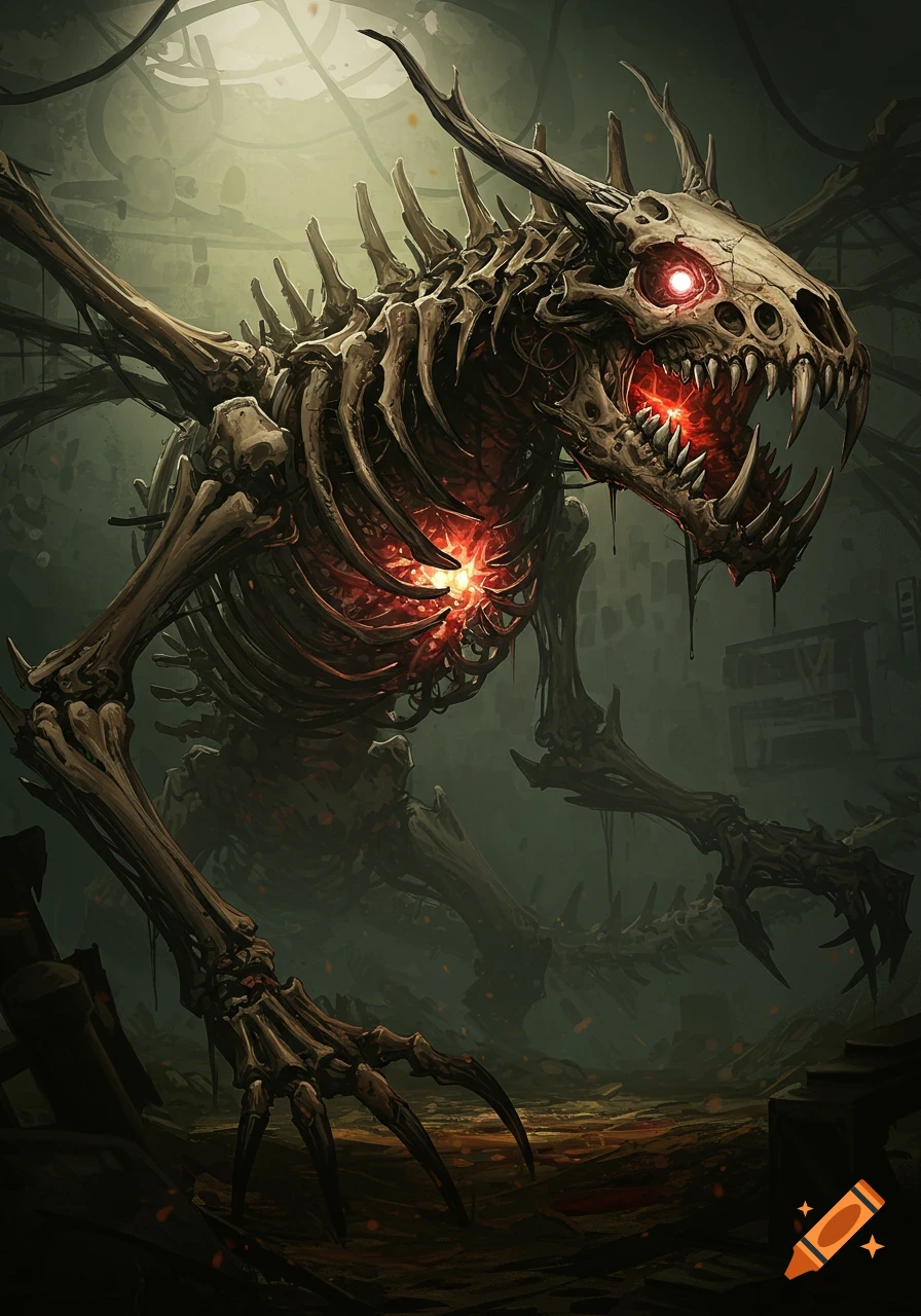A large skeletal dragon creature with glowing red eyes and chest in a dark, industrial-like setting.