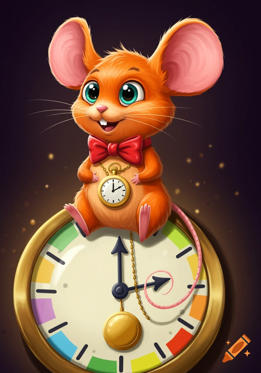 A cute cartoon mouse in a bow tie sits on a large clock, holding a pocket watch. Vibrant style.