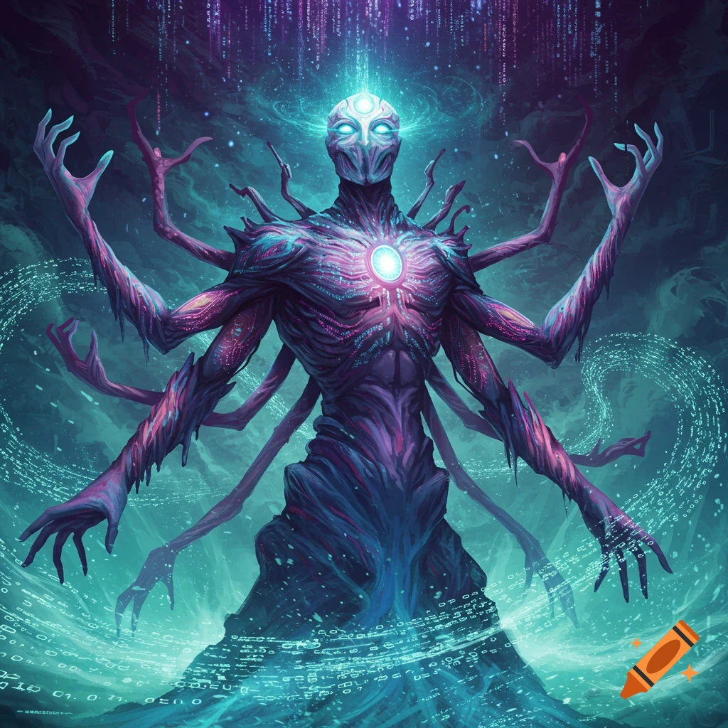 A multi-limbed glowing creature in a cosmic digital realm.