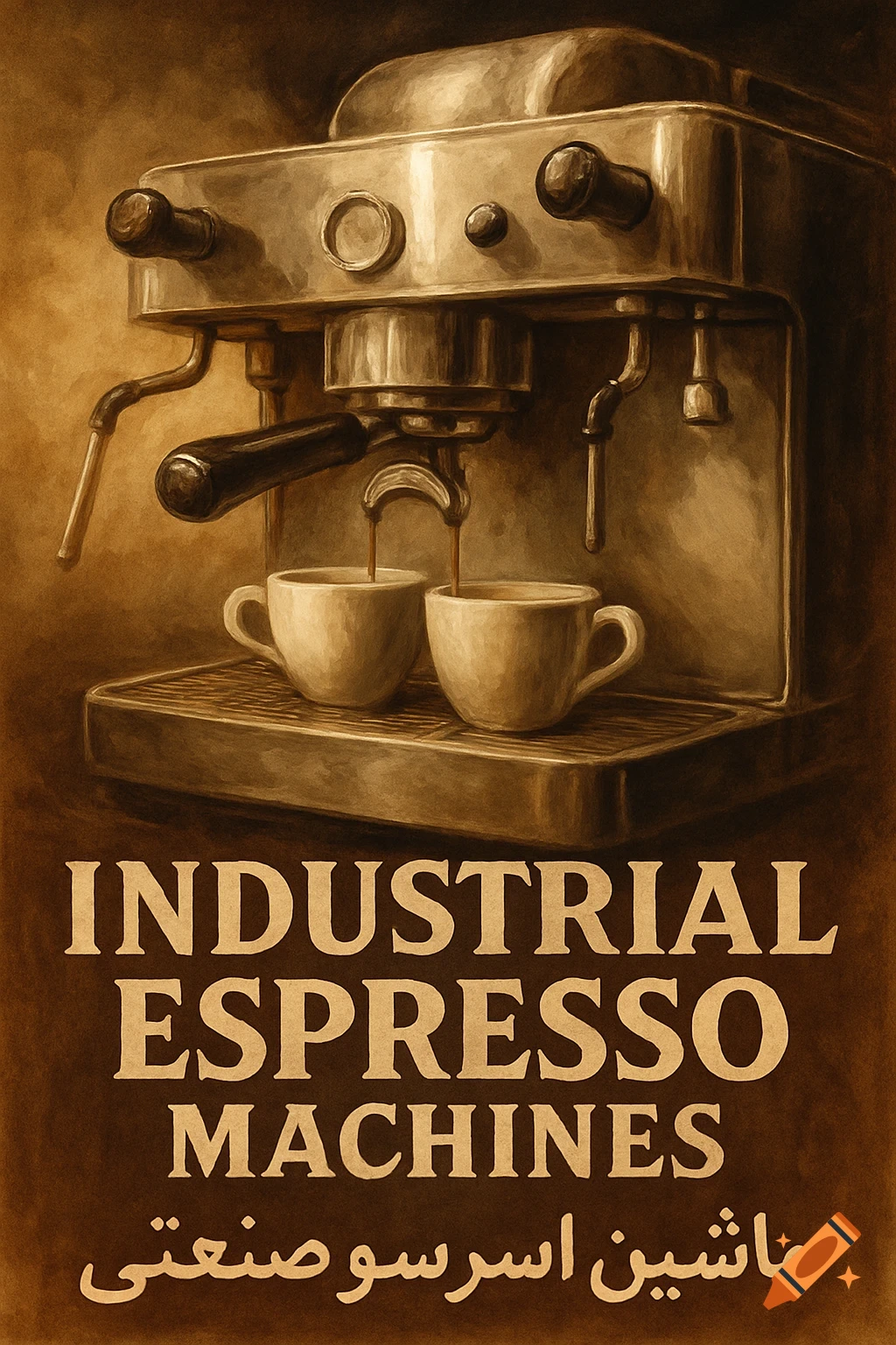 An industrial espresso machine making coffee into two cups, with text 'INDUSTRIAL ESPRESSO MACHINES'.