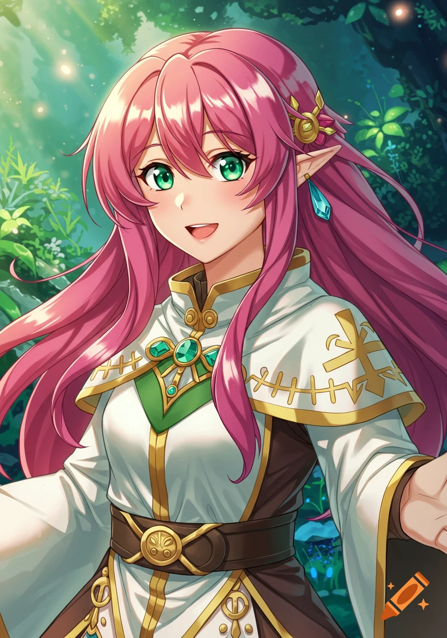 Anime portrait of a smiling woman with pink hair and elf ears, wearing a fantasy outfit in a forest.
