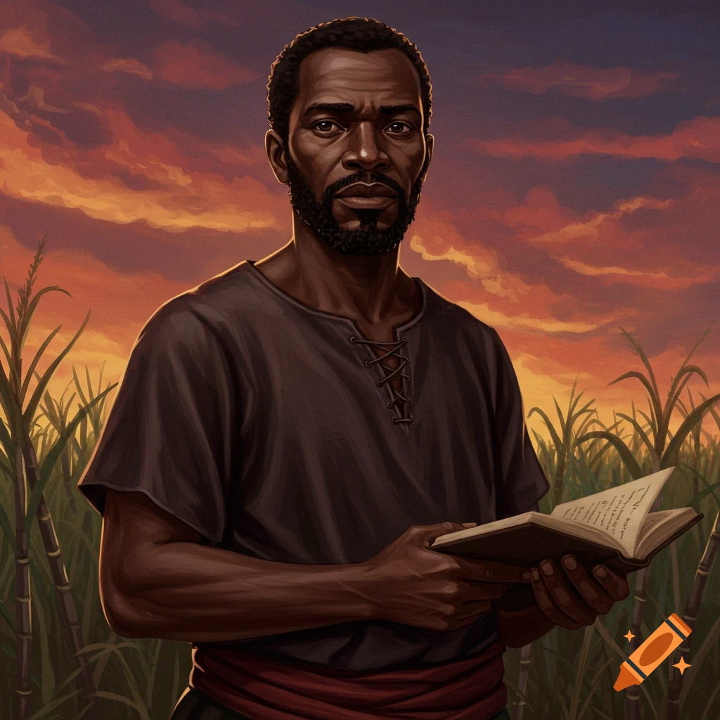 A man stands in a field at sunset, holding an open book.