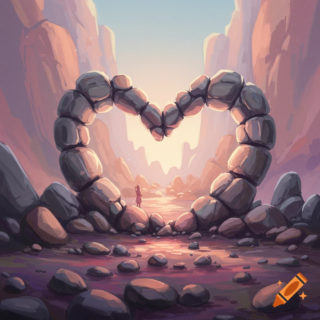 A heart-shaped rock formation stands prominently in a vast valley landscape. A small figure can be seen near the base of the formation, providing a sense of scale to the immense natural feature.