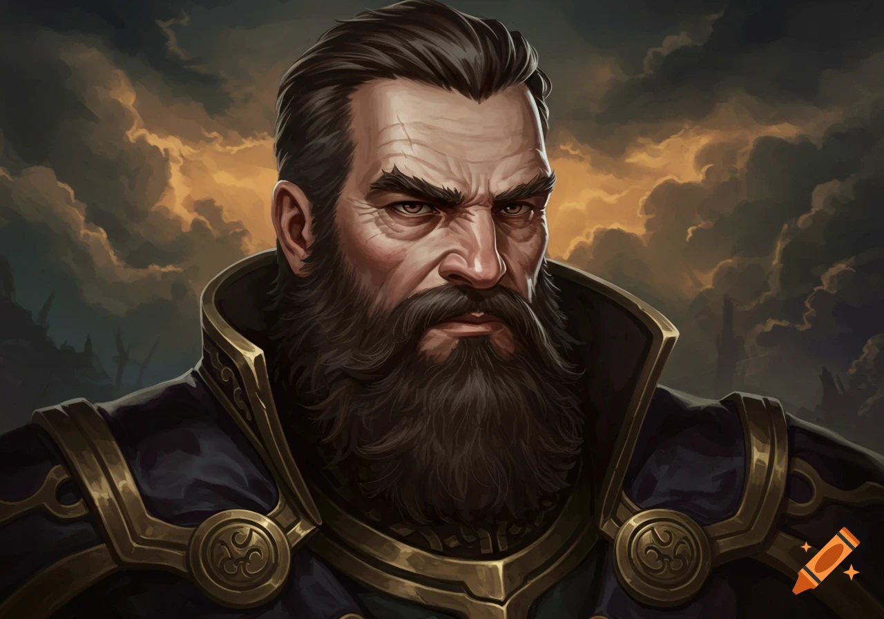 Detailed portrait painting of a rugged bearded fantasy man in dark armor against a dramatic sky.