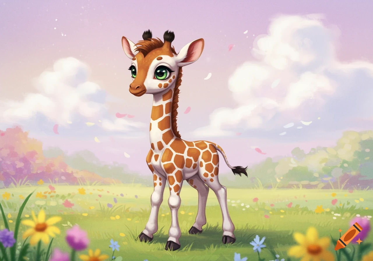 Cartoon baby giraffe standing in a field of flowers under a cloudy sky with falling petals.