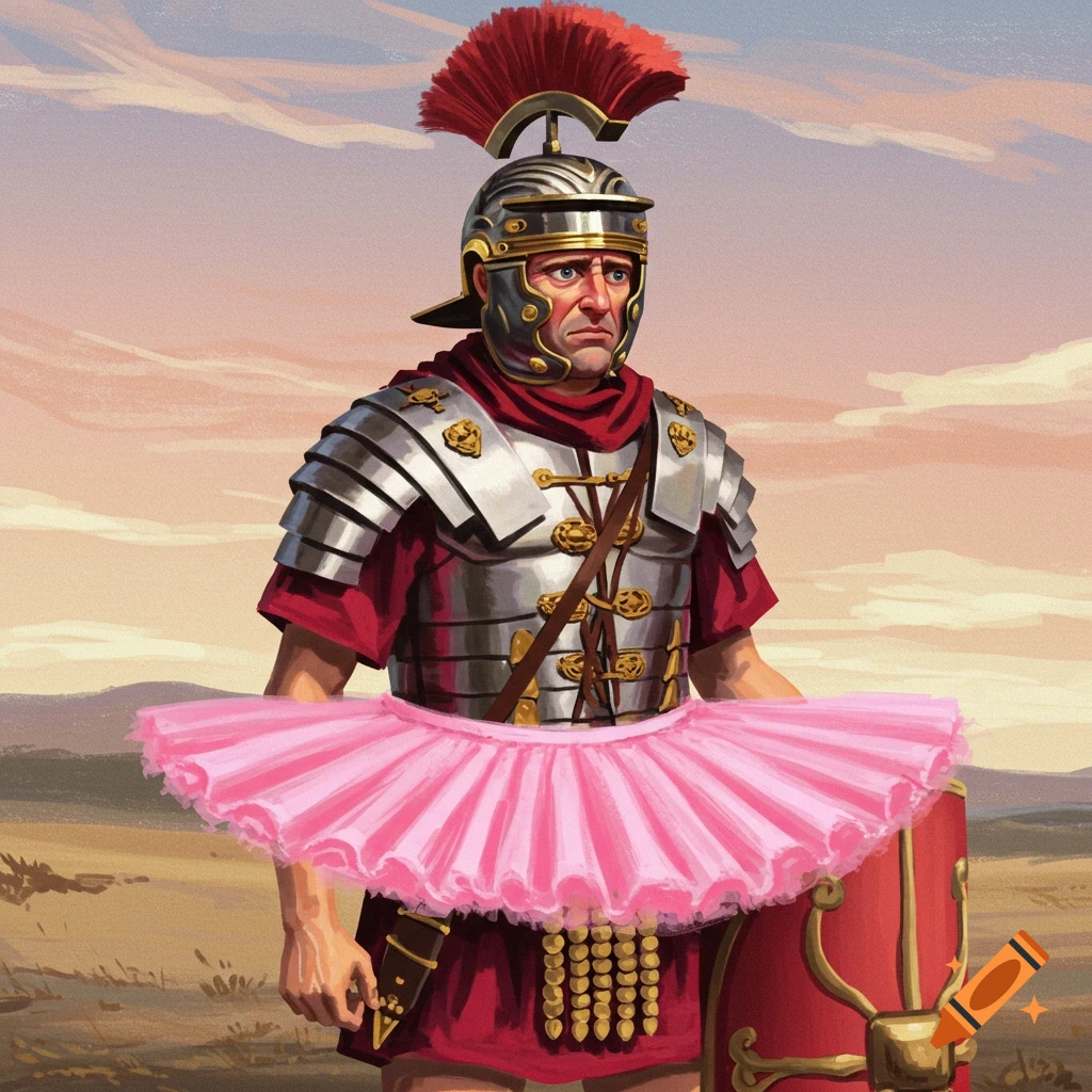 Painting of a Roman soldier in armor and a pink tutu standing in a landscape.