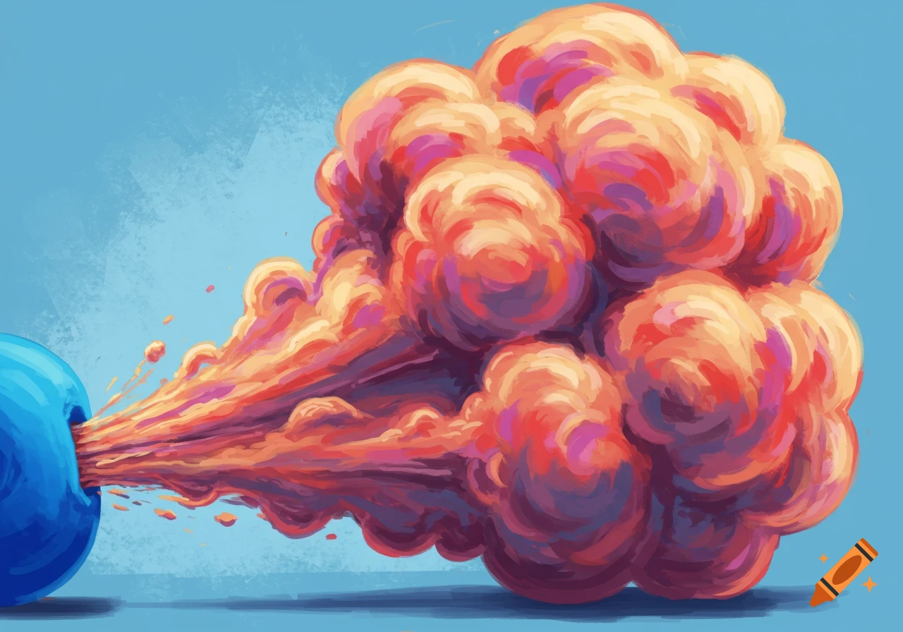 A large orange and red cloud emanating from a blue object.