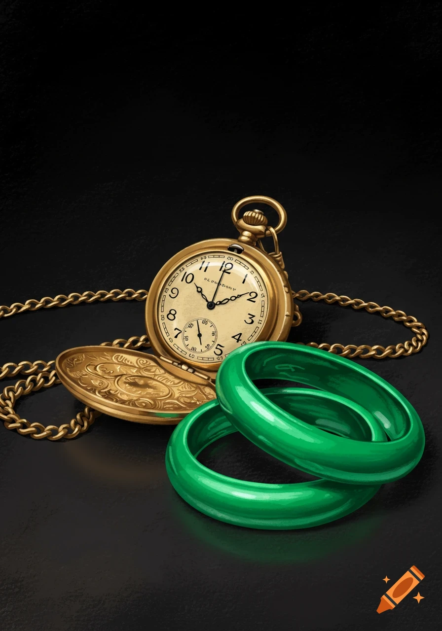 Gold pocket watch with chain and two green bangles on a black background.