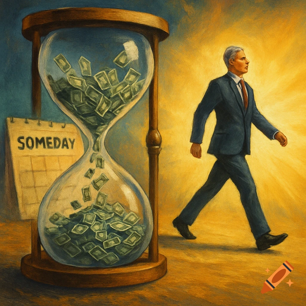 A man walks past an hourglass filling with money and a calendar labeled 'SOMEDAY'.