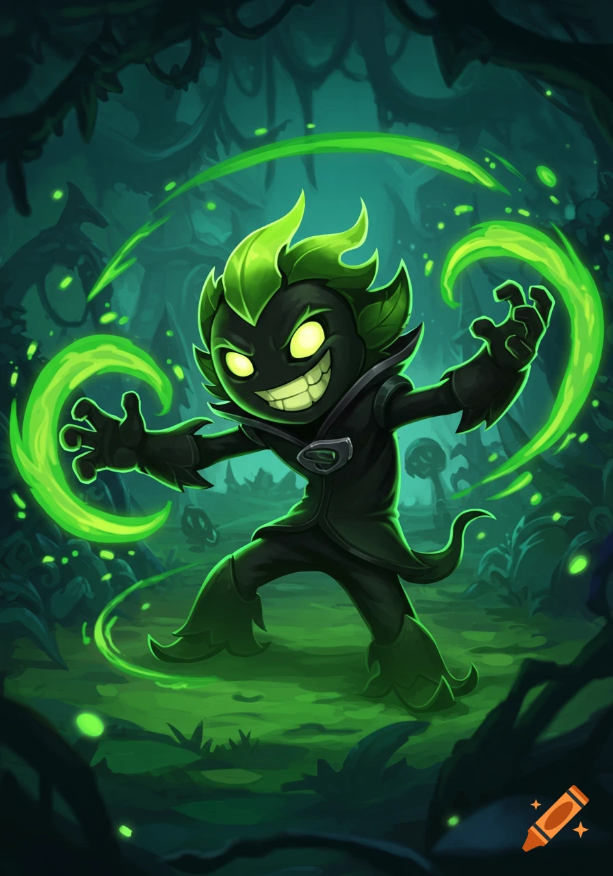 Dark cartoon character with glowing eyes and green leafy hair casting magic in a spooky forest.