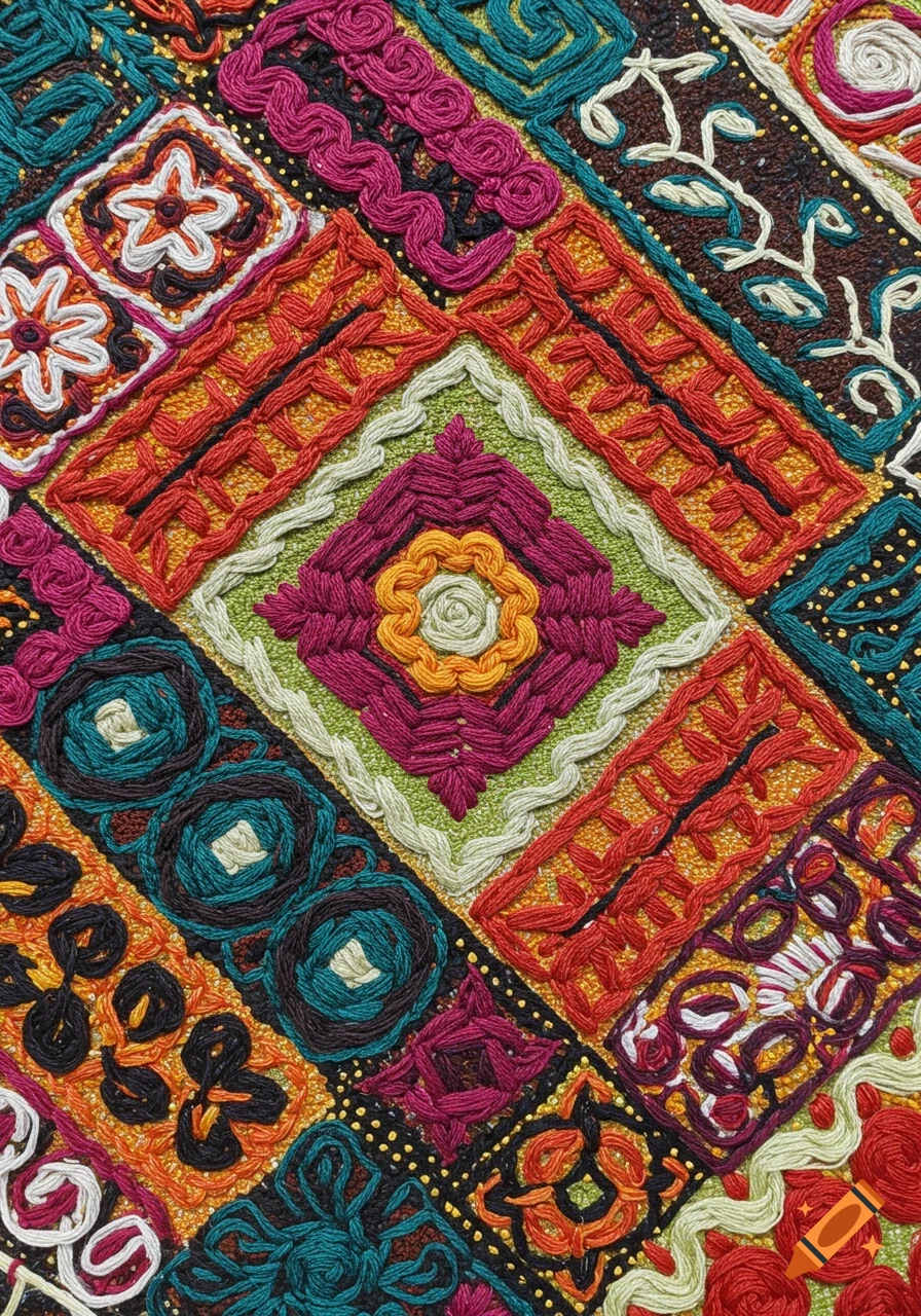 Colorful embroidery close-up with geometric and floral patterns