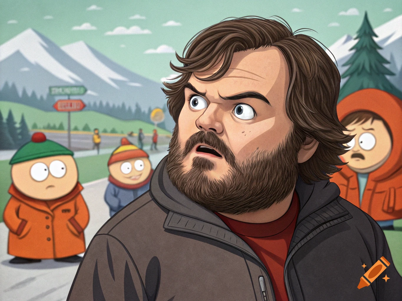 Illustration of Jack Black in South Park style with South Park characters in the background.