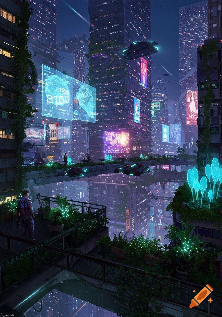 A futuristic cyberpunk city at night with tall buildings, neon lights, flying cars, and a person on a balcony.