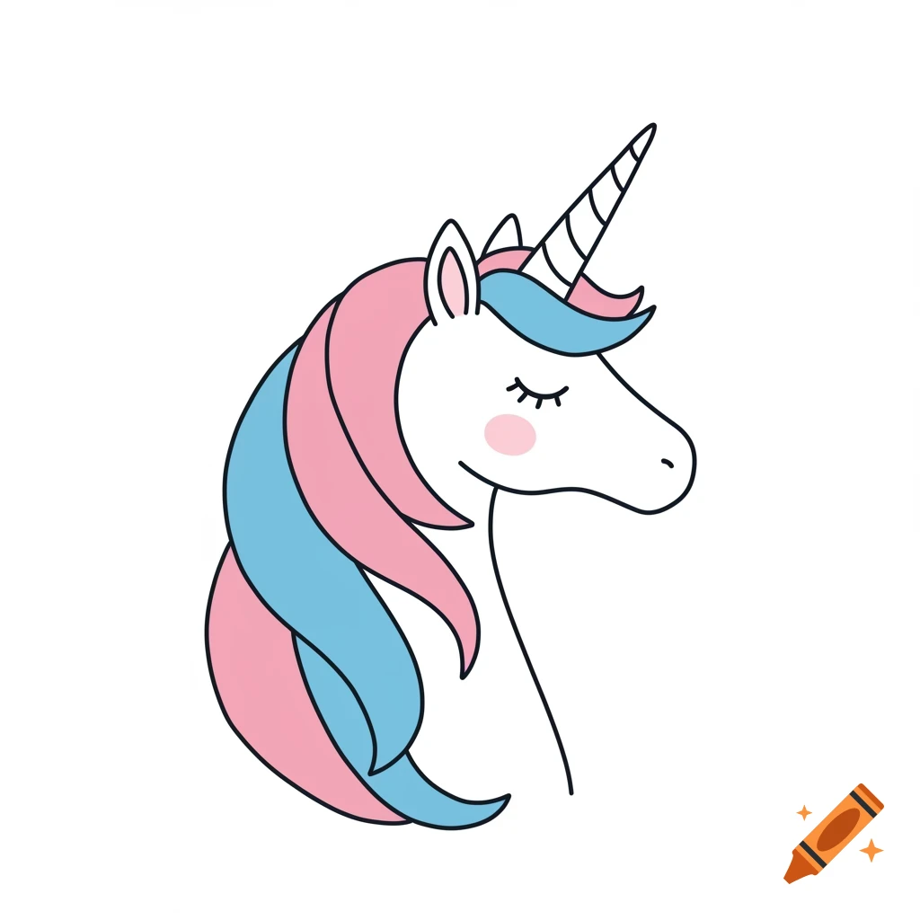 Cartoon unicorn head with pink and blue mane.