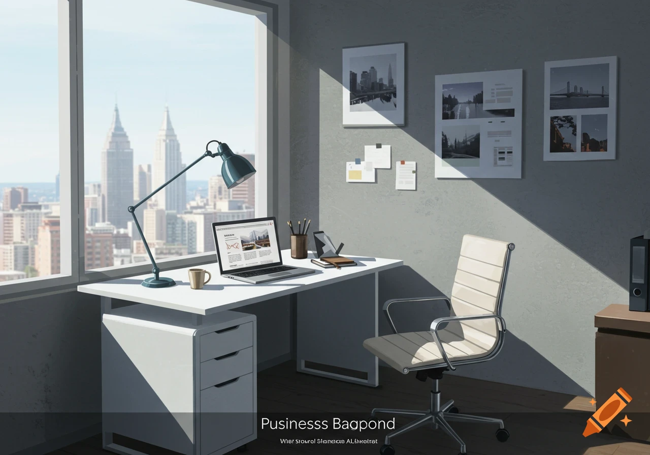 An office desk with a laptop, chair, and lamp by a window overlooking a city skyline.