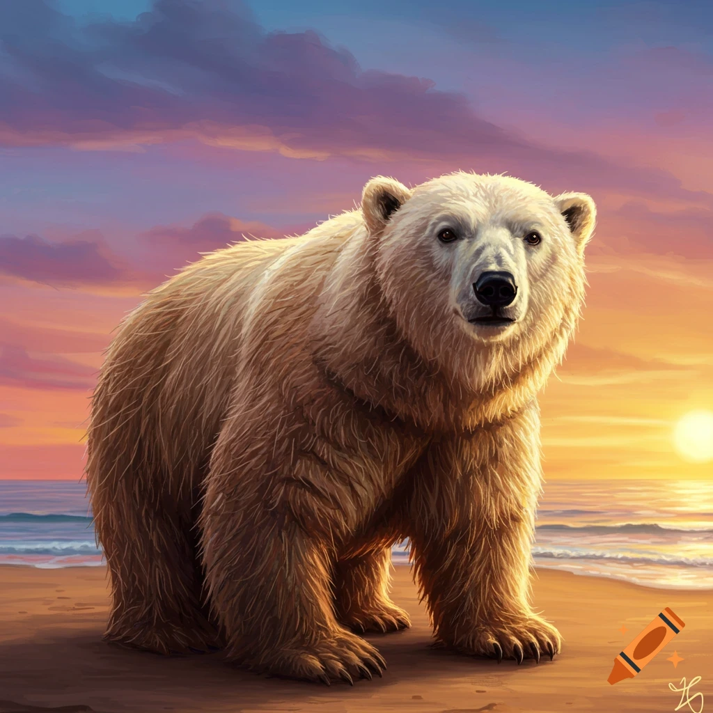 A polar bear stands on a beach at sunset.