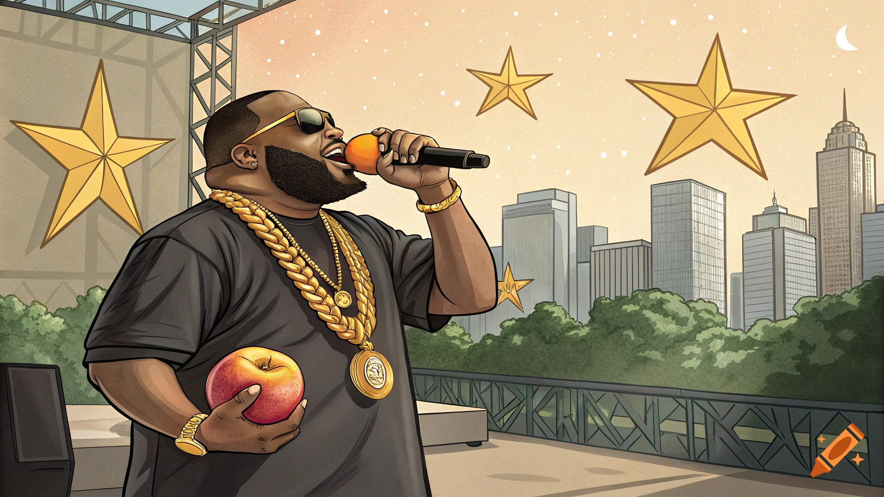 Stylized illustration of a large rapper on an outdoor stage holding an apple and mic, wearing gold chains, with a city skyline and stars.
