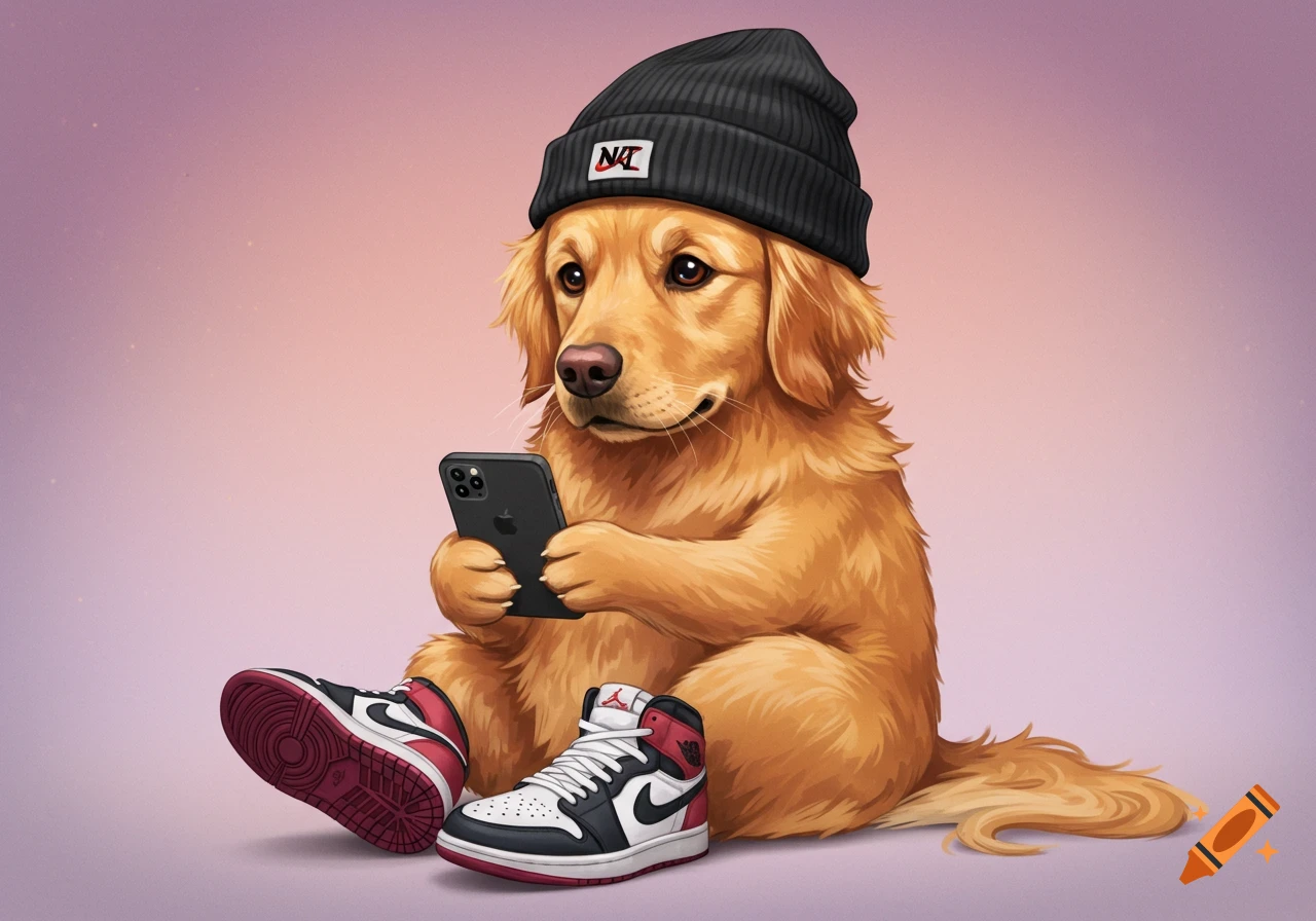 Cartoon golden retriever wearing beanie and sneakers, holding a phone.