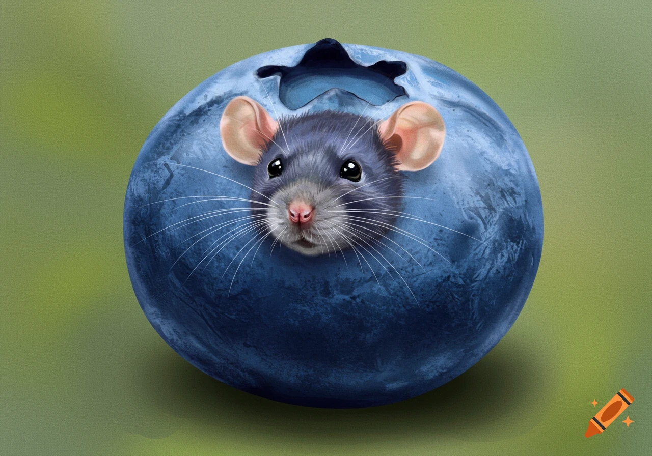 A cute rat peeking out of a large blueberry.