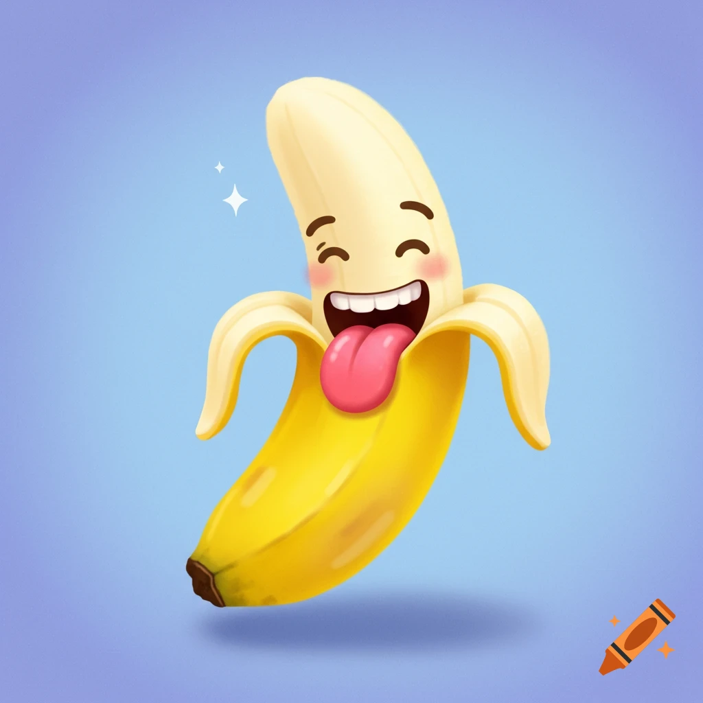Cartoon banana character with a big smile and tongue sticking out, floating on a blue background