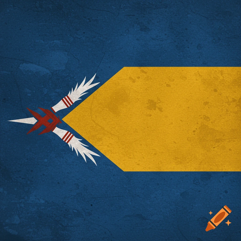 Stylized flag with a blue background and a large central yellow bar pointing left. Three red and white arrow-like symbols overlap the yellow bar.
