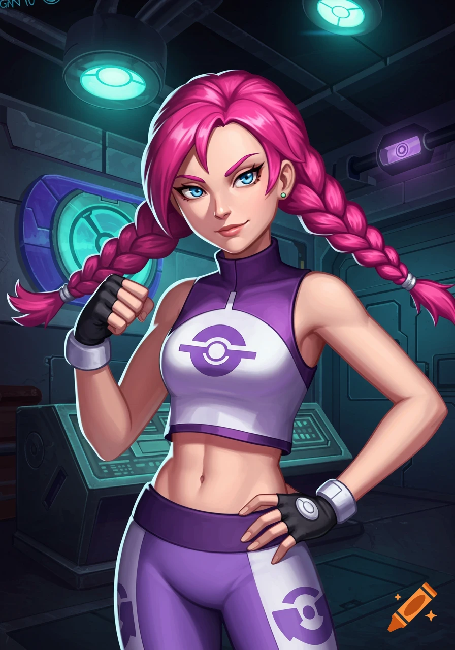 Illustration of a young woman with pink braided hair wearing a purple and white top and leggings with a circular symbol, in a futuristic setting.