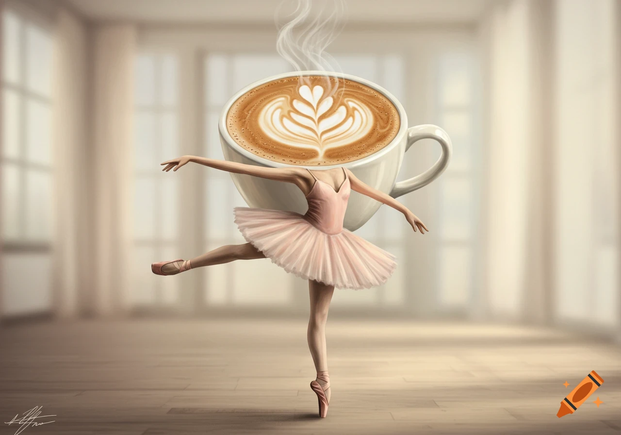 Painting of a ballerina with a cappuccino cup for a head, dancing en pointe in a studio.