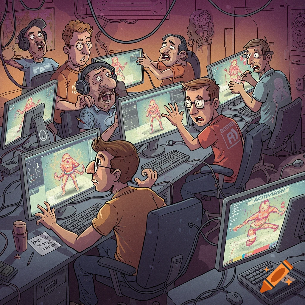 Cartoon illustration of shocked men looking at computers displaying strange figures in an office.