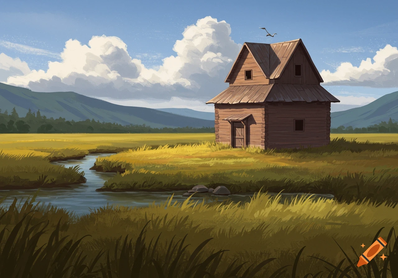 A painterly landscape of a wooden cabin by a winding stream in a golden field, with mountains and clouds under a blue sky.