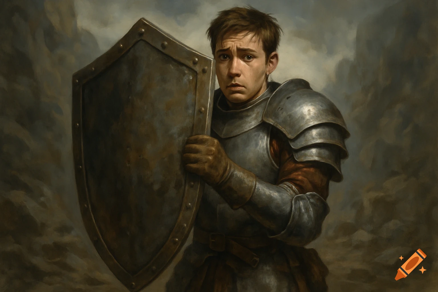 Young soldier in armor holds a large shield, looking worried. Digital painting.