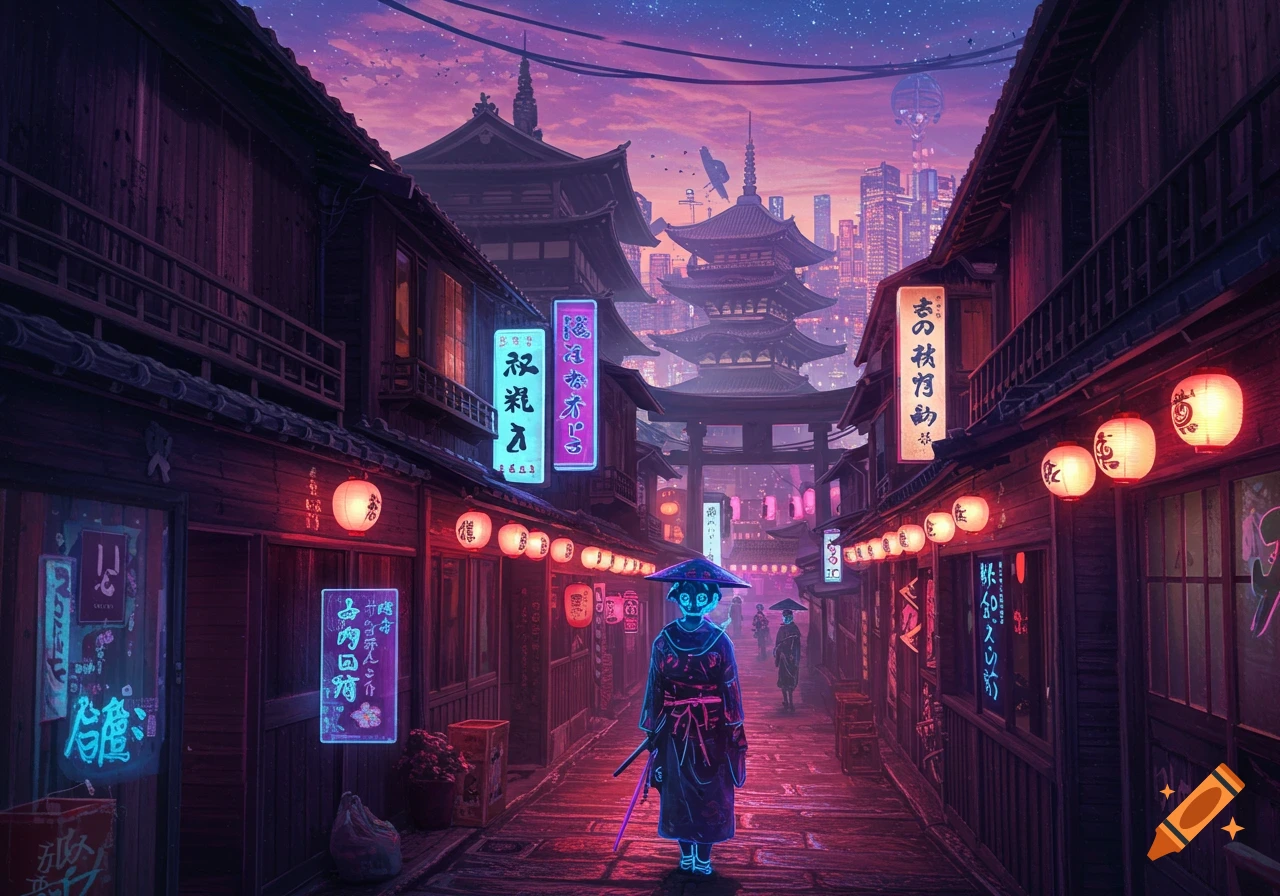 Character in a traditional robe with glowing sword walks down a neon-lit Japanese street with cyberpunk city in the background.