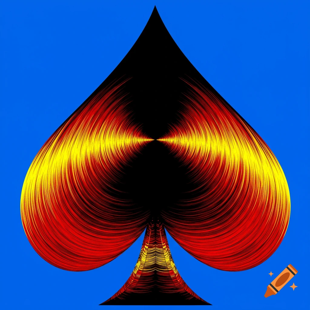 Stylized spade playing card symbol with swirling red and yellow patterns on a blue background