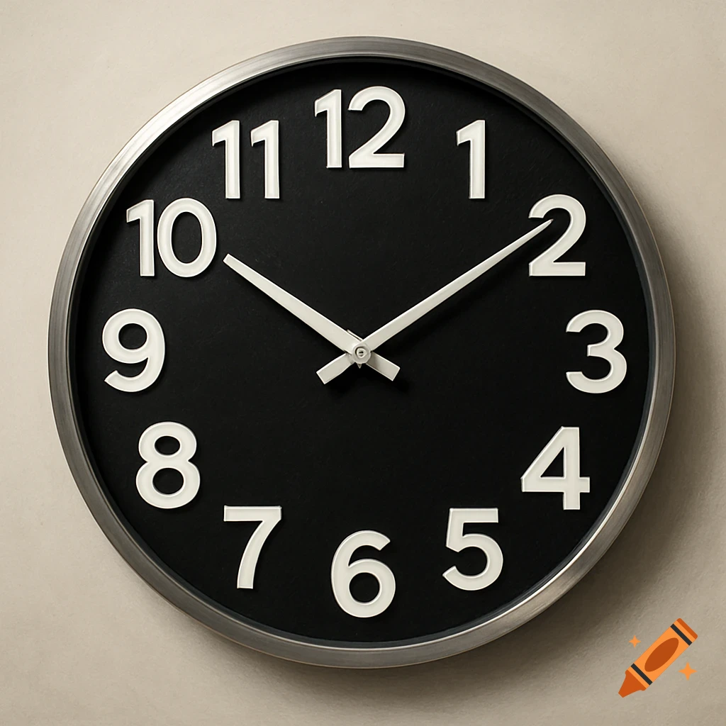 A large black clock face with modern white numbers and white hands.