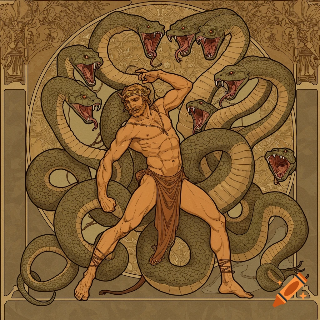 Heracles fighting a multi-headed snake in Art Nouveau style illustration.