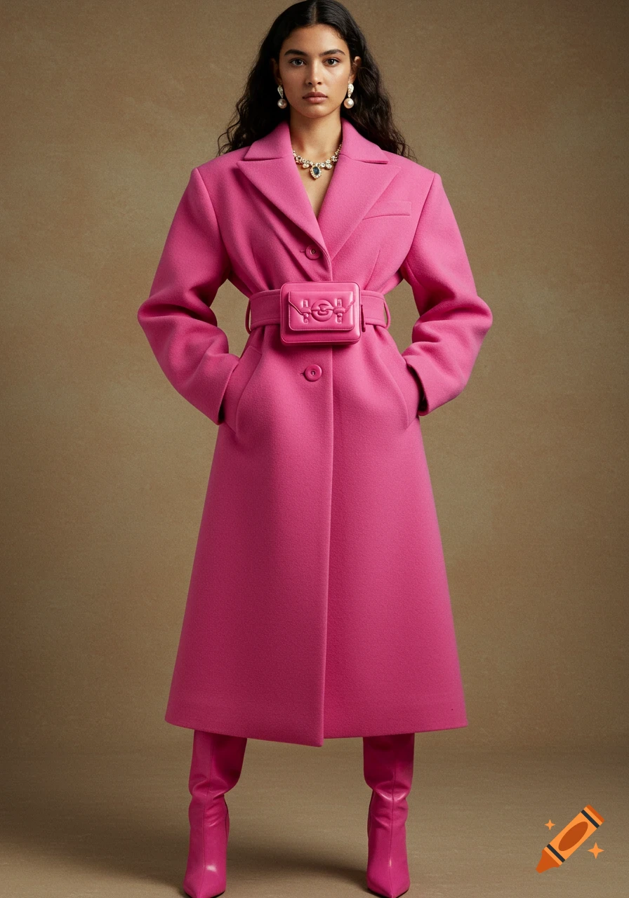 A model poses in a bright pink coat, matching boots, and a belt bag.