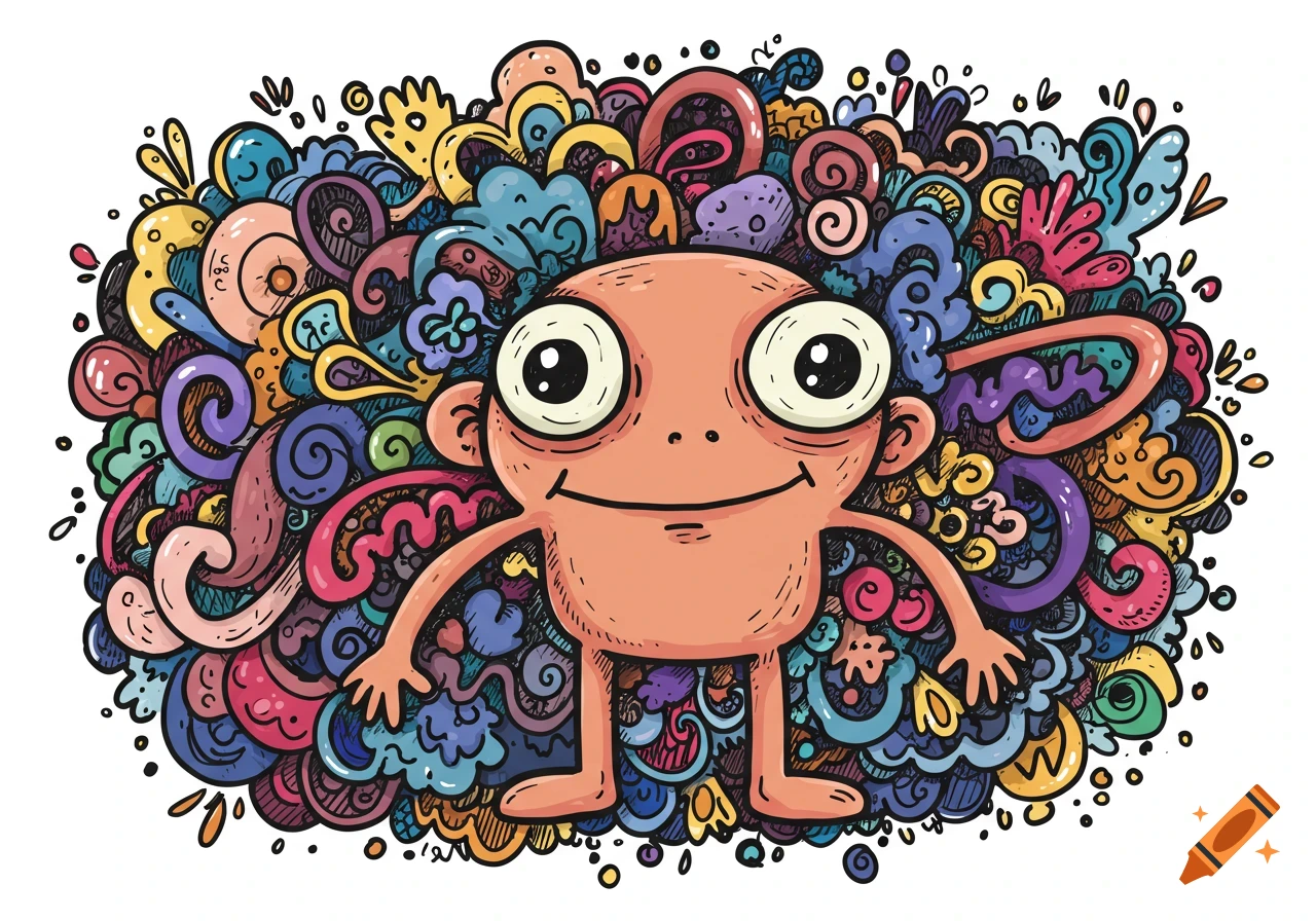 A cartoon monster with big eyes stands in front of a colorful abstract doodle background.