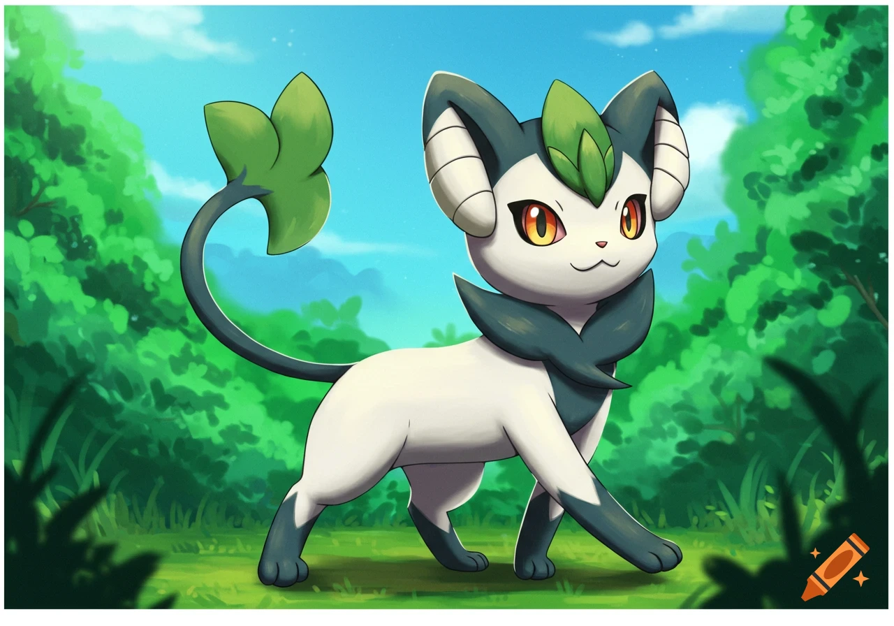 A cartoon-like creature resembling Meowscarada standing in a grassy field with trees