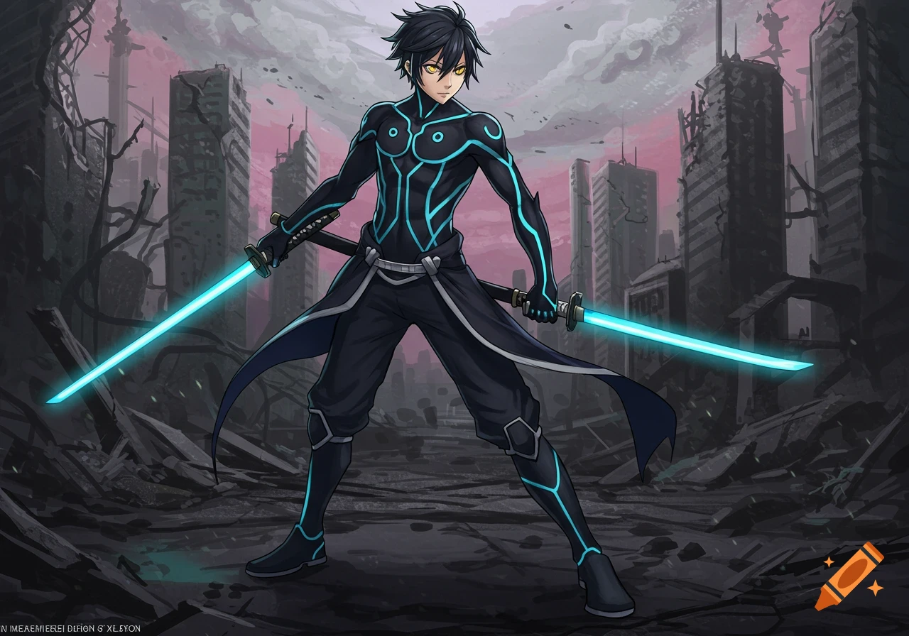 Anime character with glowing blue details on a black suit, holding two glowing blue swords in a ruined city.