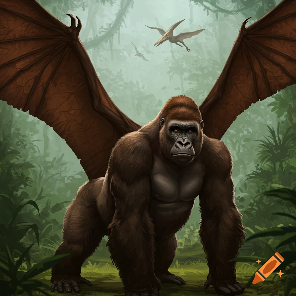 A powerful winged gorilla stands in a lush jungle with pterodactyls flying overhead