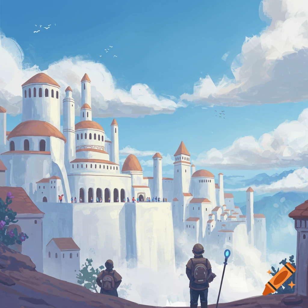 Two figures view a large white fantasy city on a cliff under a cloudy sky.