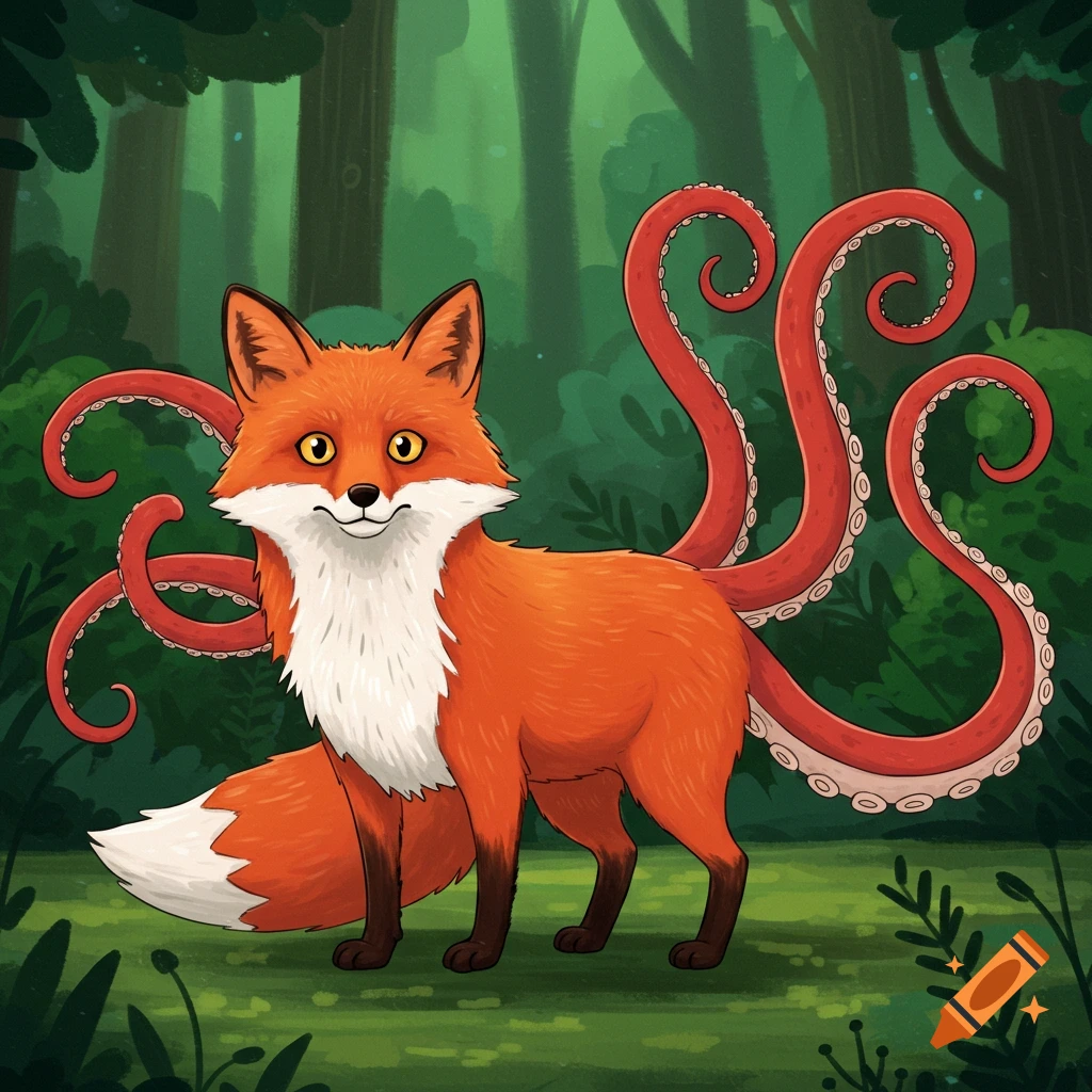 A red fox with octopus tentacles in a forest, cartoon fantasy style