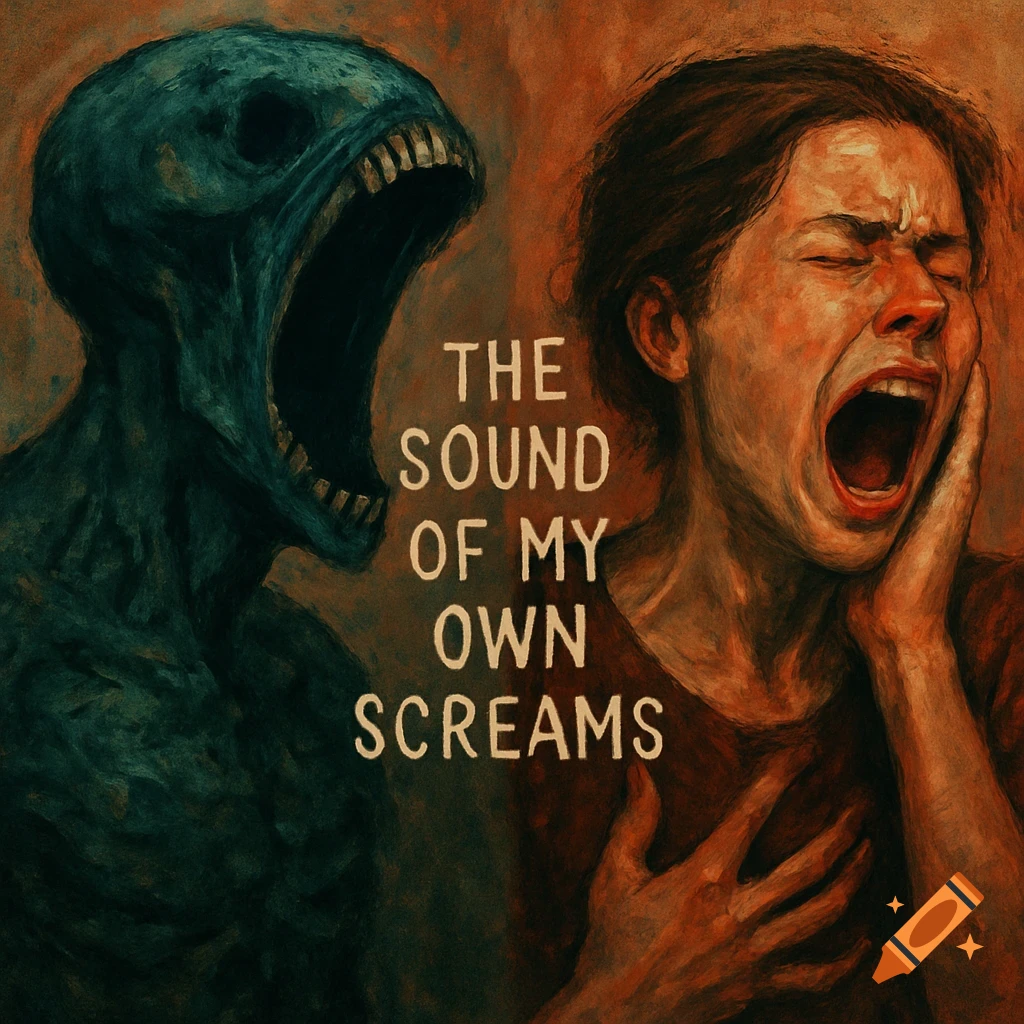 Dark painting of a creature and a person screaming, with the text THE SOUND OF MY OWN SCREAMS.