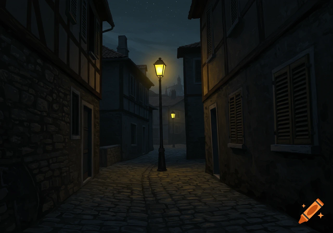 A dark, narrow cobblestone street in a village at night, lit by a lamp post.