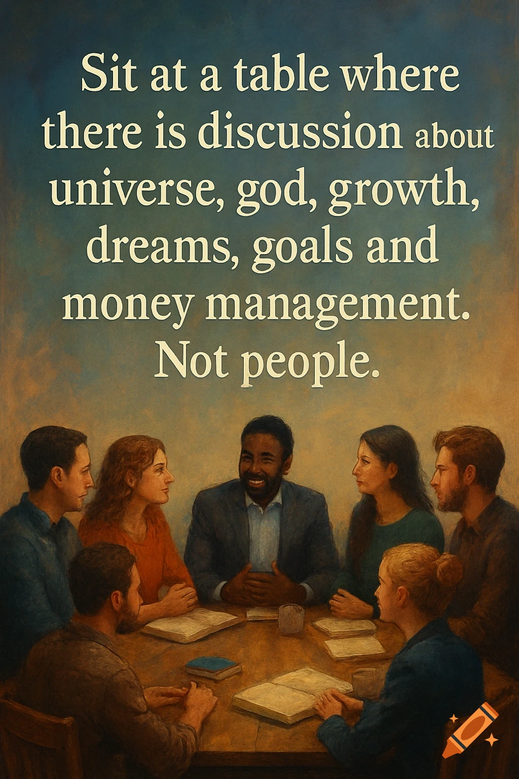 People discussing at a table with an overlaid quote.