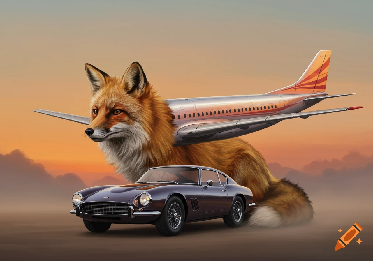 A giant fox body is merged with an airplane, behind a purple classic car at sunset.